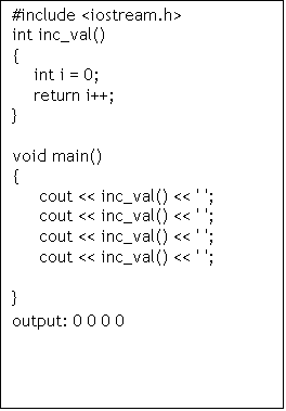 Text Box: #include <iostream.h>
int inc_val()
{
int i = 0;
return i++;
}
void main()
{
cout << inc_val() << ' ';
cout << inc_val() << ' ';
cout << inc_val() << ' ';
cout << inc_val() << ' ';
}
output: 0 0 0 0