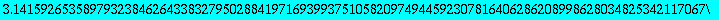 3.1415926535897932384626433832795028841971693993751058209749445923078164062862089986280348253421170679821480865132823066470938446095505822317253594081284811174502841027019385211055596446229489549303819...